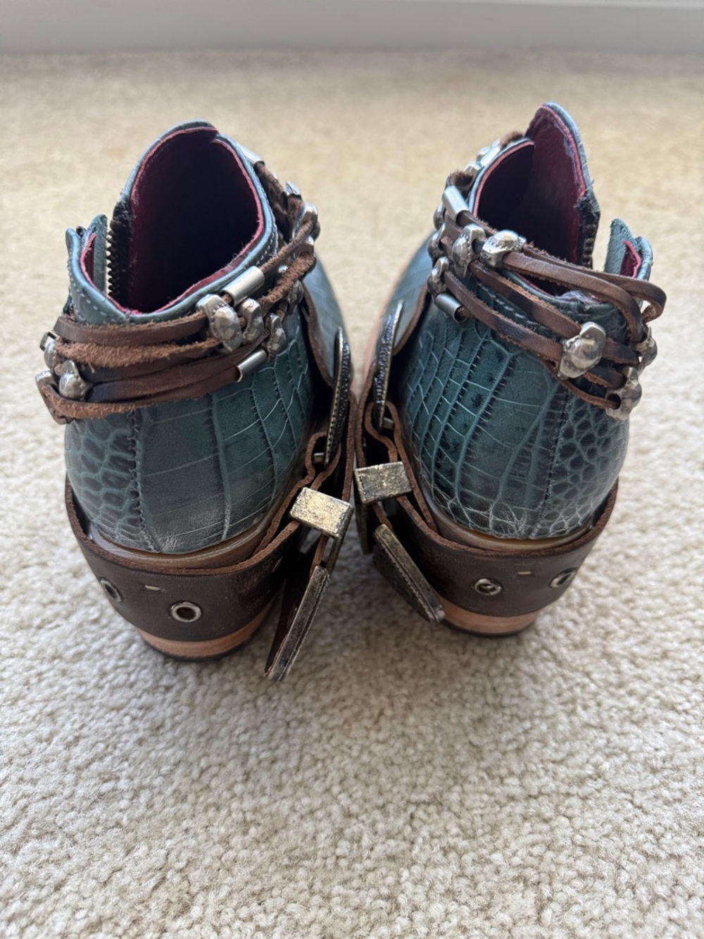 Freebird Turquoise Croc-Embossed Ankle Boots with Brown Decorative Strap - Picture 4 of 5